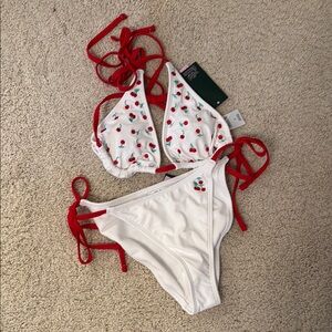 White Bikini with Red Cherry Print